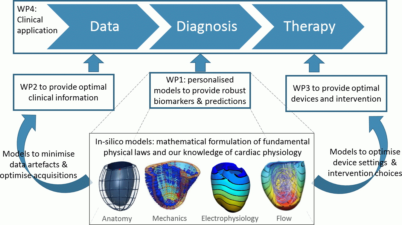 Illustration of the vision of a personalised in-silico cardiology, where computational models are used to improve the three main processes of healthcare delivery.